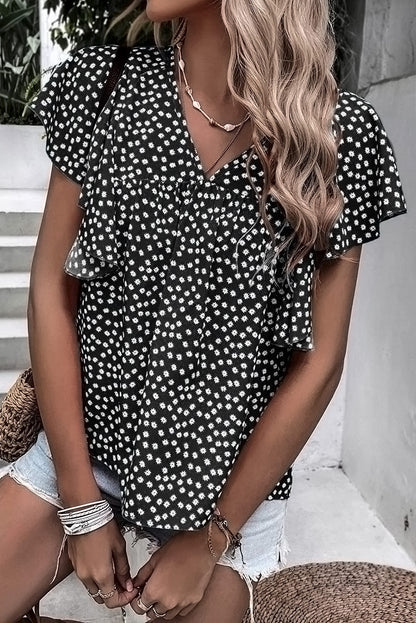 Blue Floral Print V Neck Ruffle Sleeve Blouse