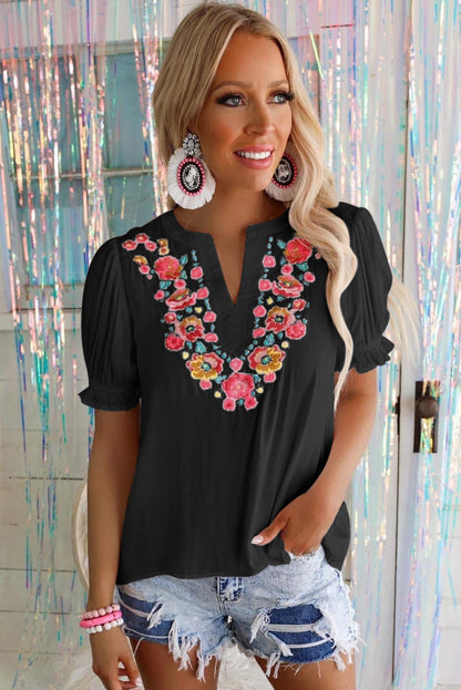 Floral Embroidered Boho Ruffle Puff Sleeve Blouse