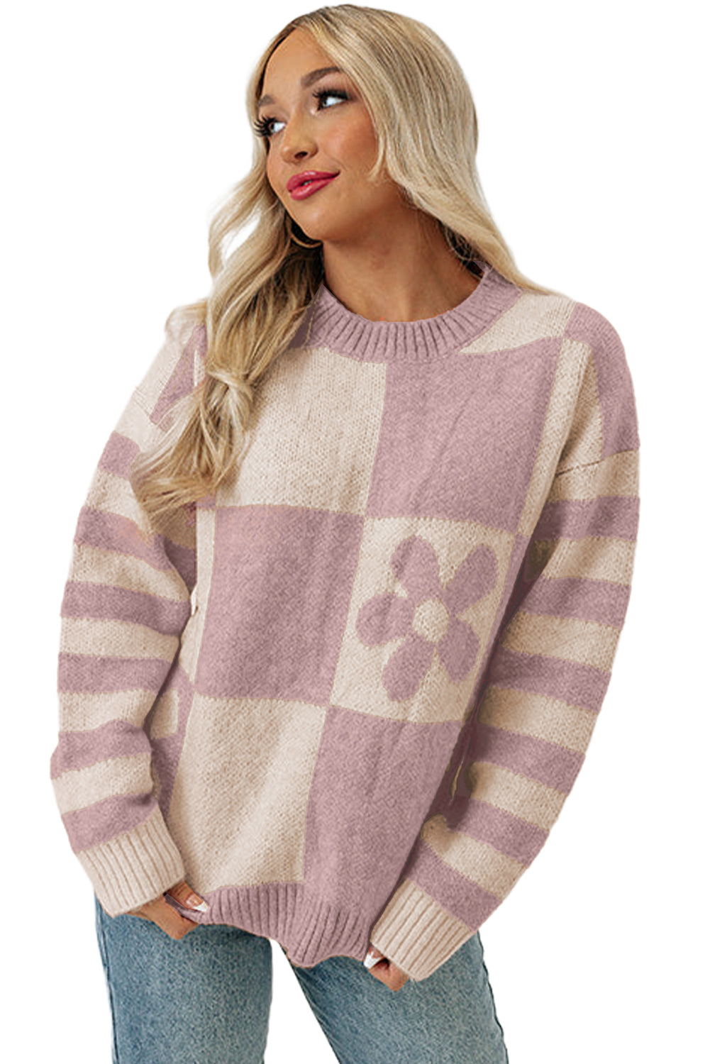 Orchid Petal Checkered and Striped Knitted Sweater