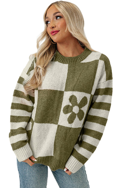 Orchid Petal Checkered and Striped Knitted Sweater
