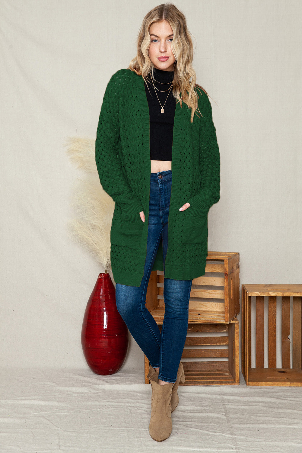 Brown Woven Texture Open Front Pockets Knit Cardigan