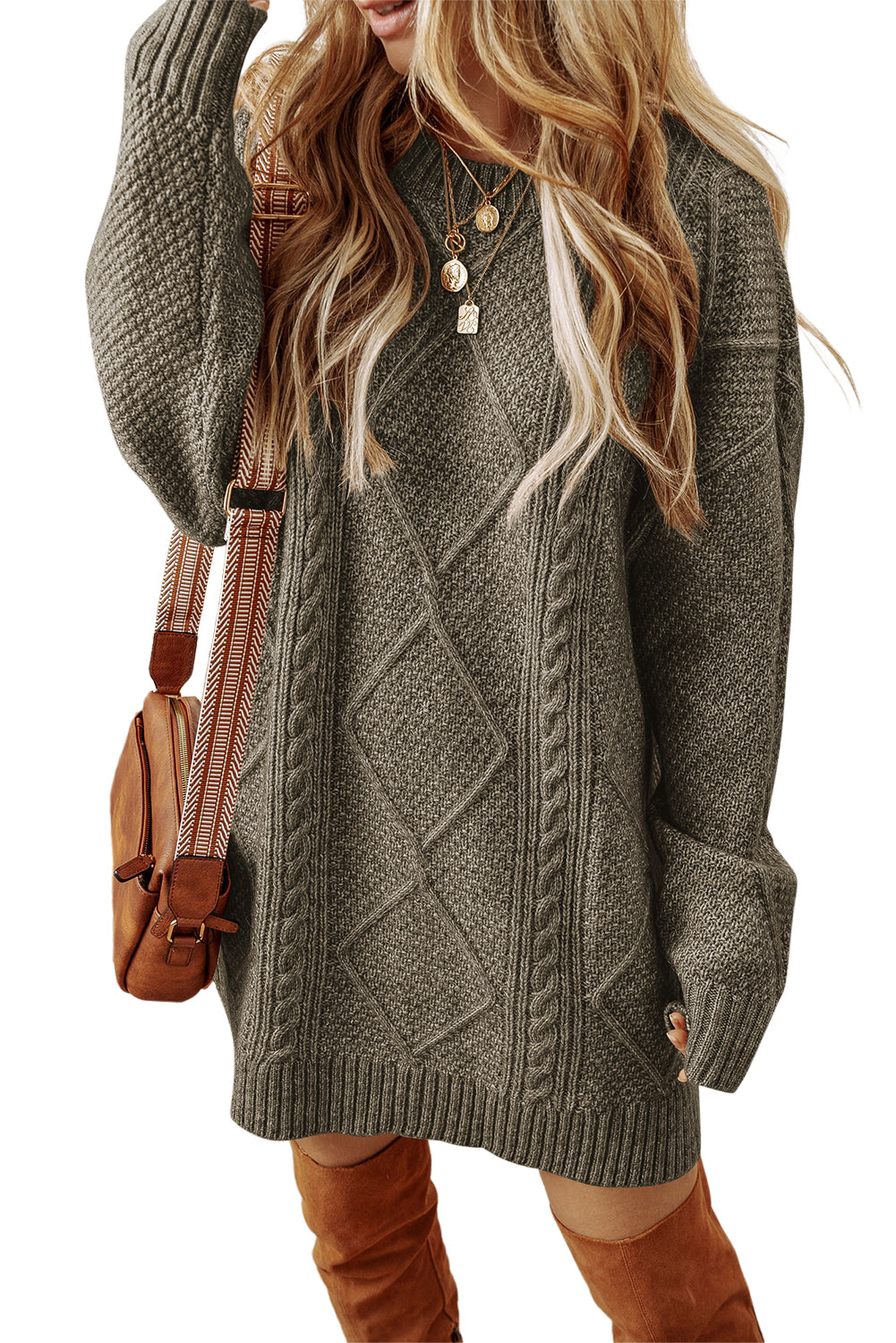 Twist Cable Knit Drop Shoulder Loose Fit Sweater Dress