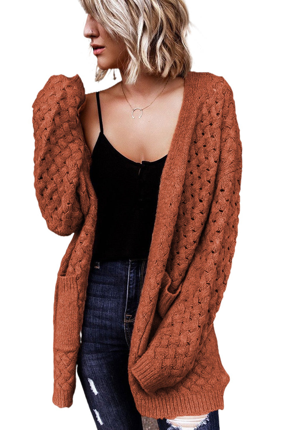 Brown Woven Texture Open Front Pockets Knit Cardigan