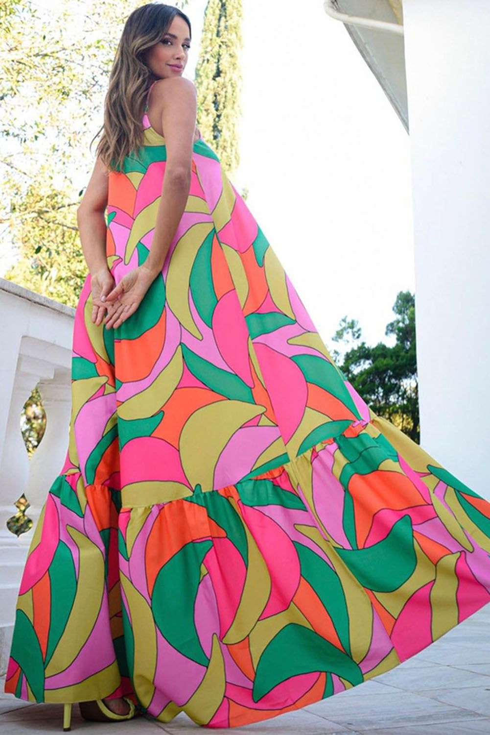 Multicolor Geometric Colorblock V Neck Tiered Maxi Dress