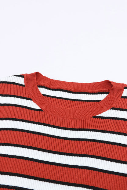 Green Striped Print Ribbed Knit Slim Fit Top