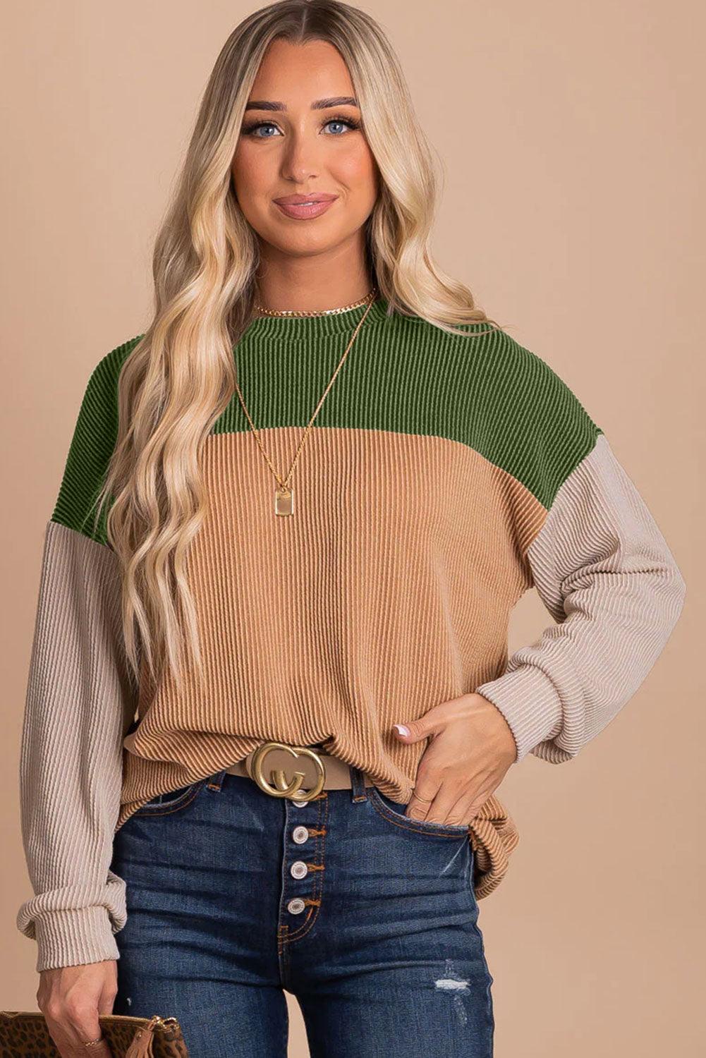 Dark Green Color Block Cording Loose Long Sleeve Top