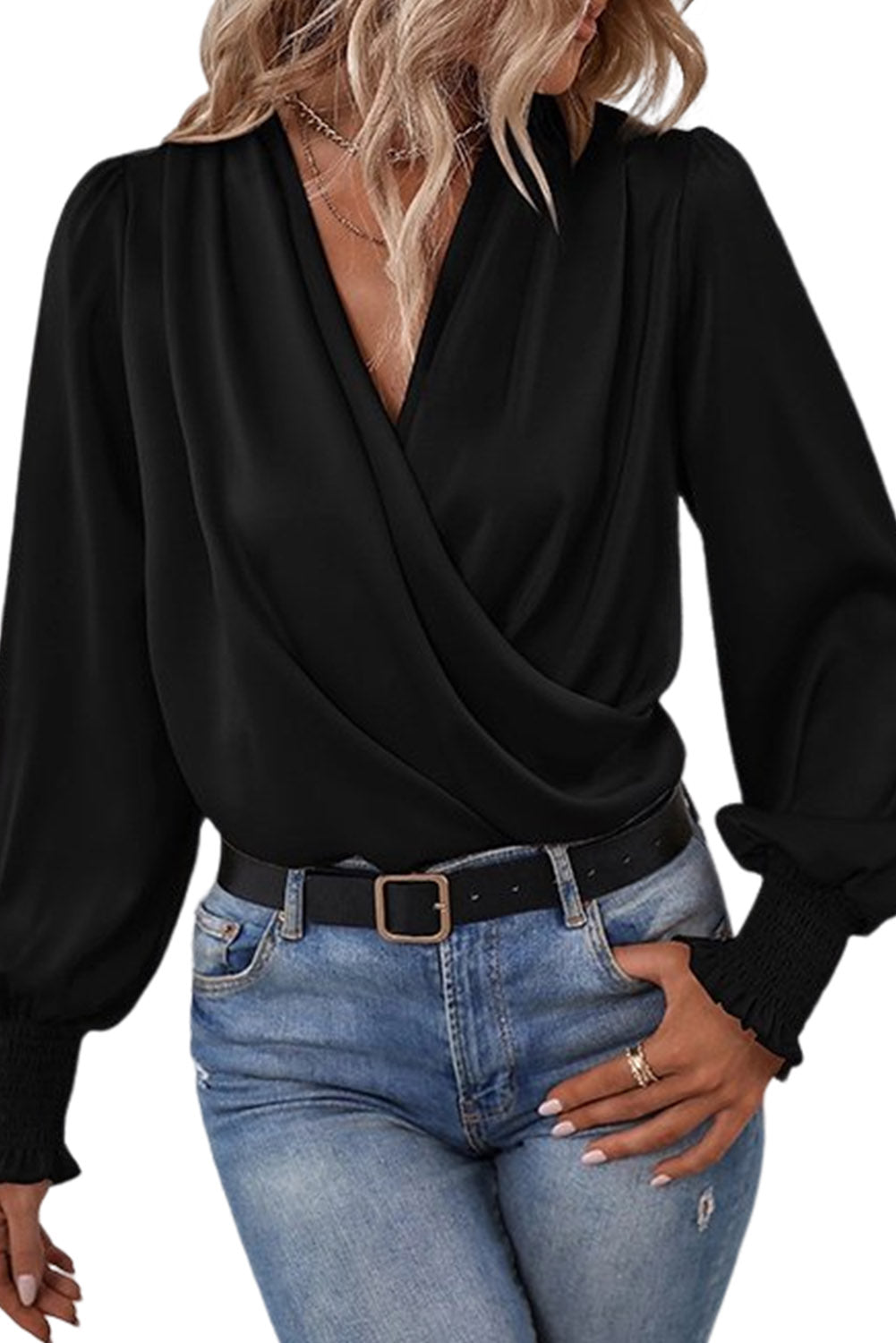 Drape V Neck Long Sleeve Blouse for Women