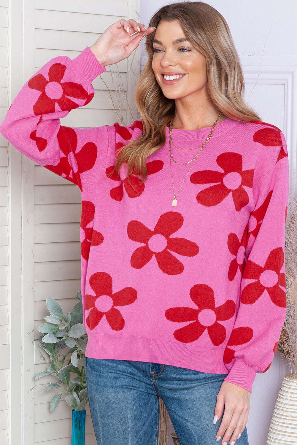 Floral Print Knitted Long Sleeve Pullover Sweater