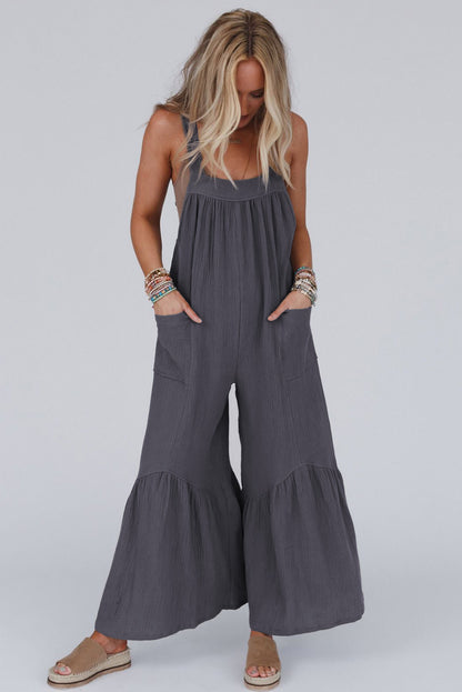 Black Solid Color Pockets Pleated Flare Leg Jumpsuit