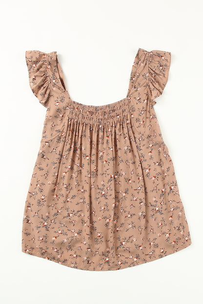 Floral Print Smocked Neck Flounce Sleeveless Shirt