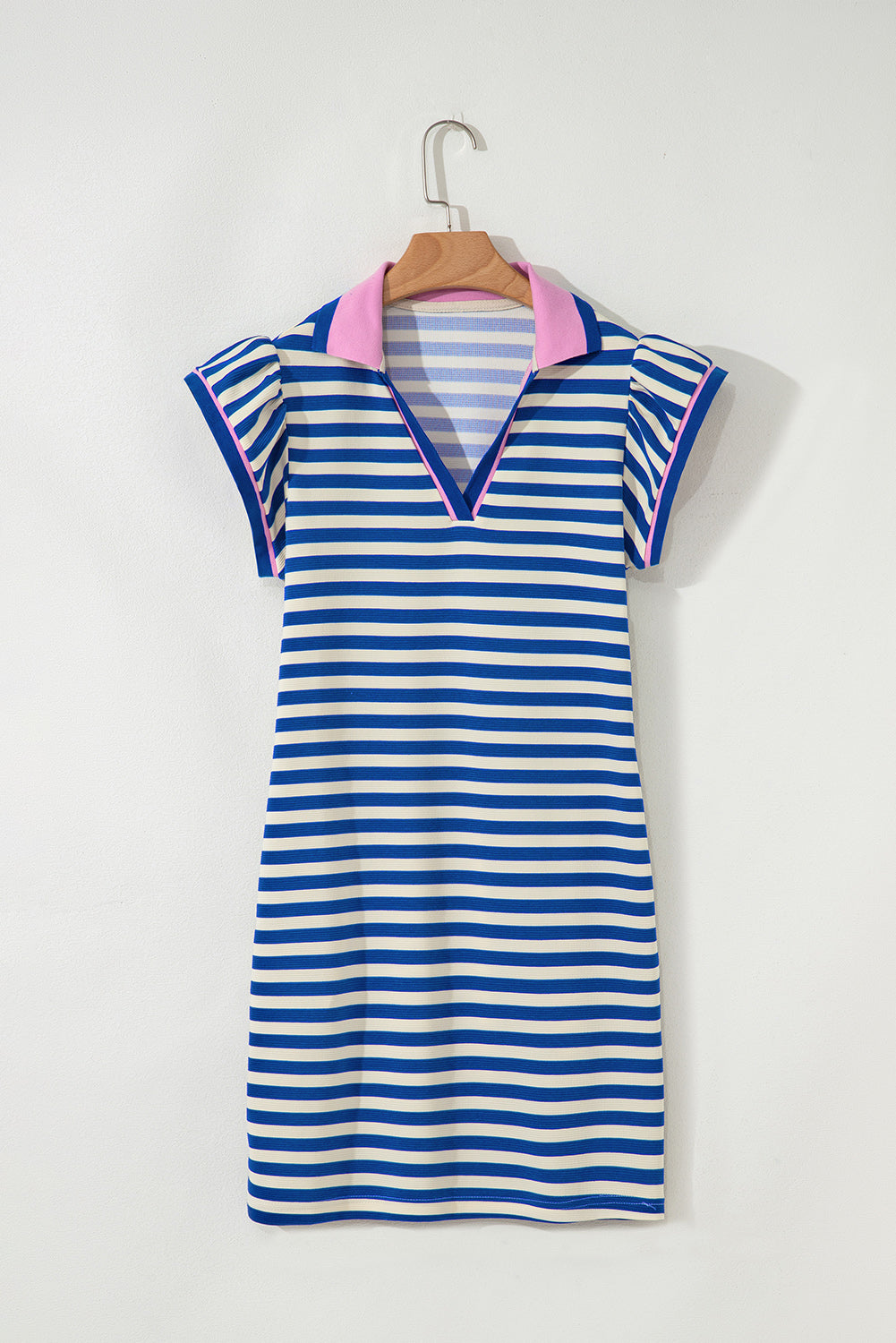 Sachet Pink Striped Ruffle Short Sleeve Pop of Color Neckline Dress