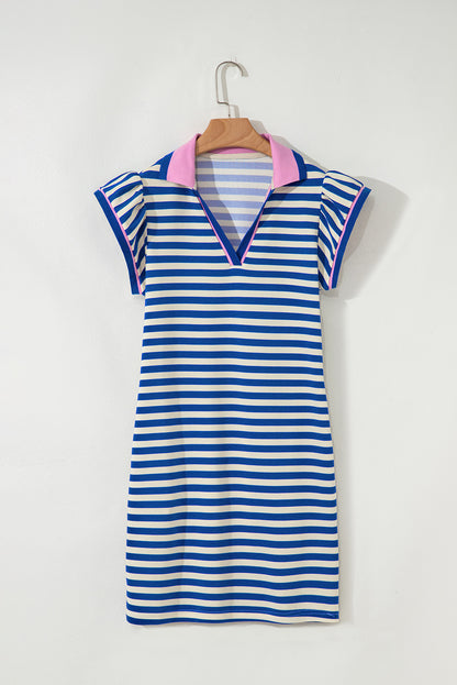 Sachet Pink Striped Ruffle Short Sleeve Pop of Color Neckline Dress