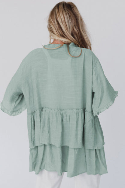 Green Ruffled Trim Short Sleeve Open Front Kimono