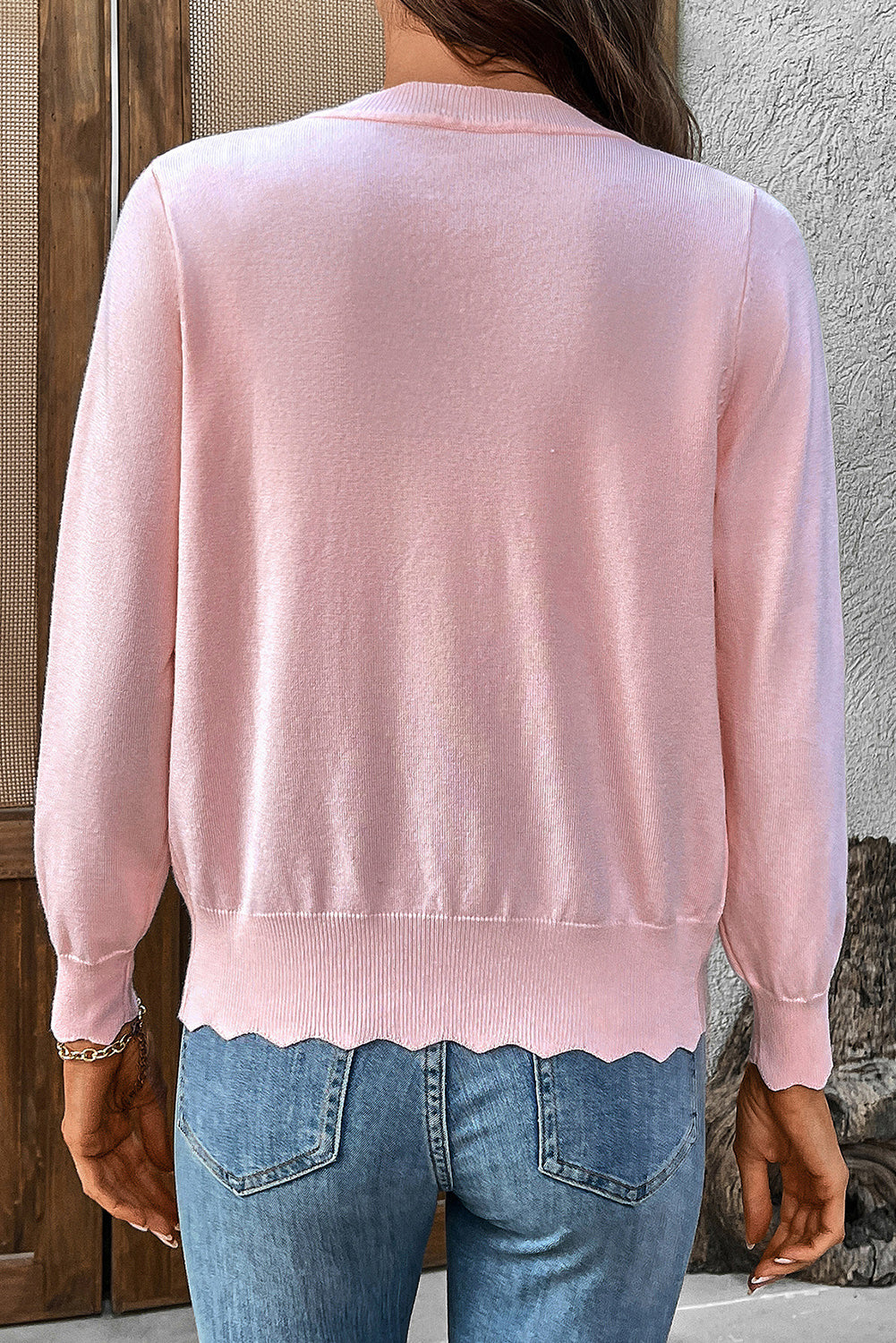 Pink Solid Color Button Knitted Cardigan