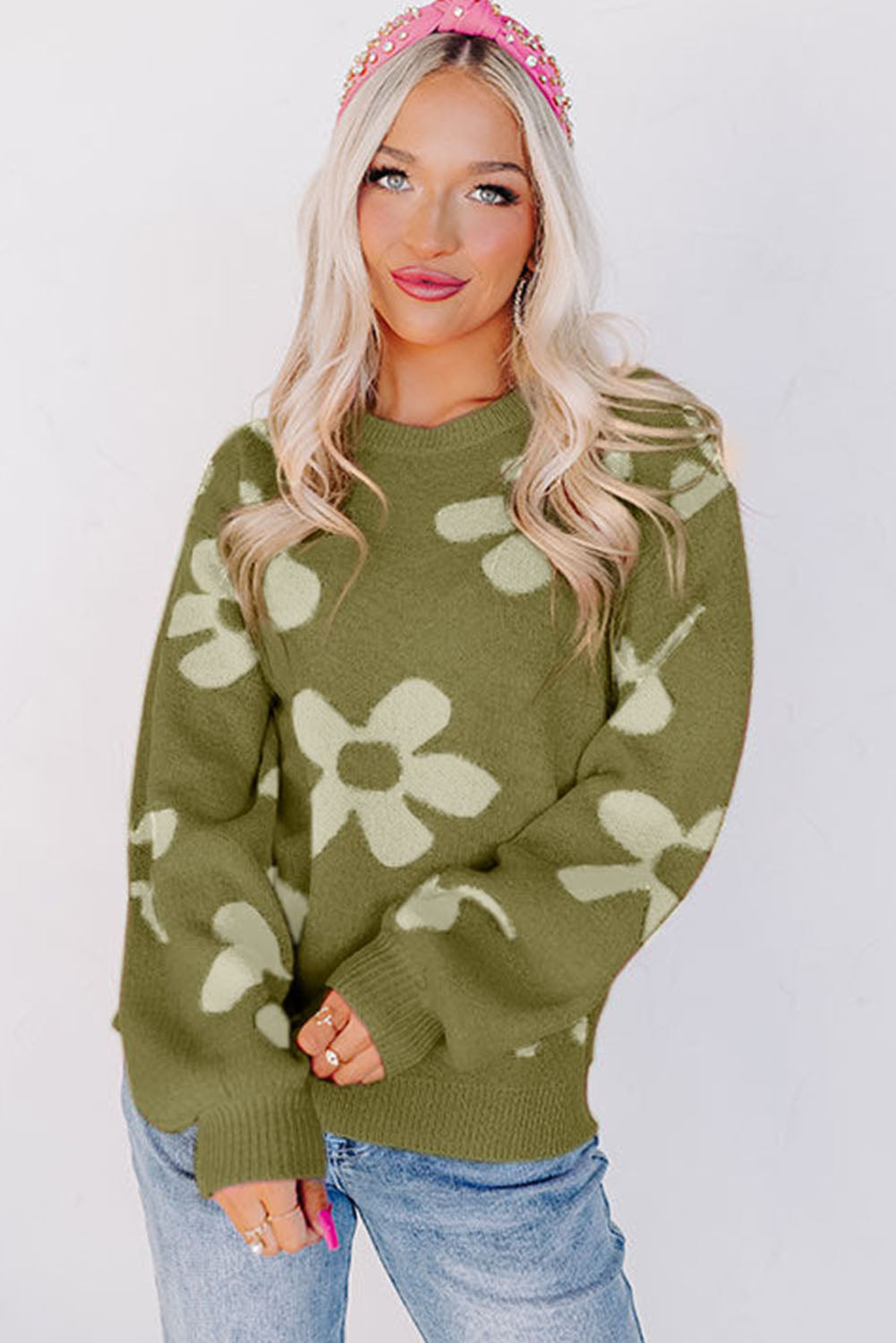 Floral Print Knitted Long Sleeve Pullover Sweater