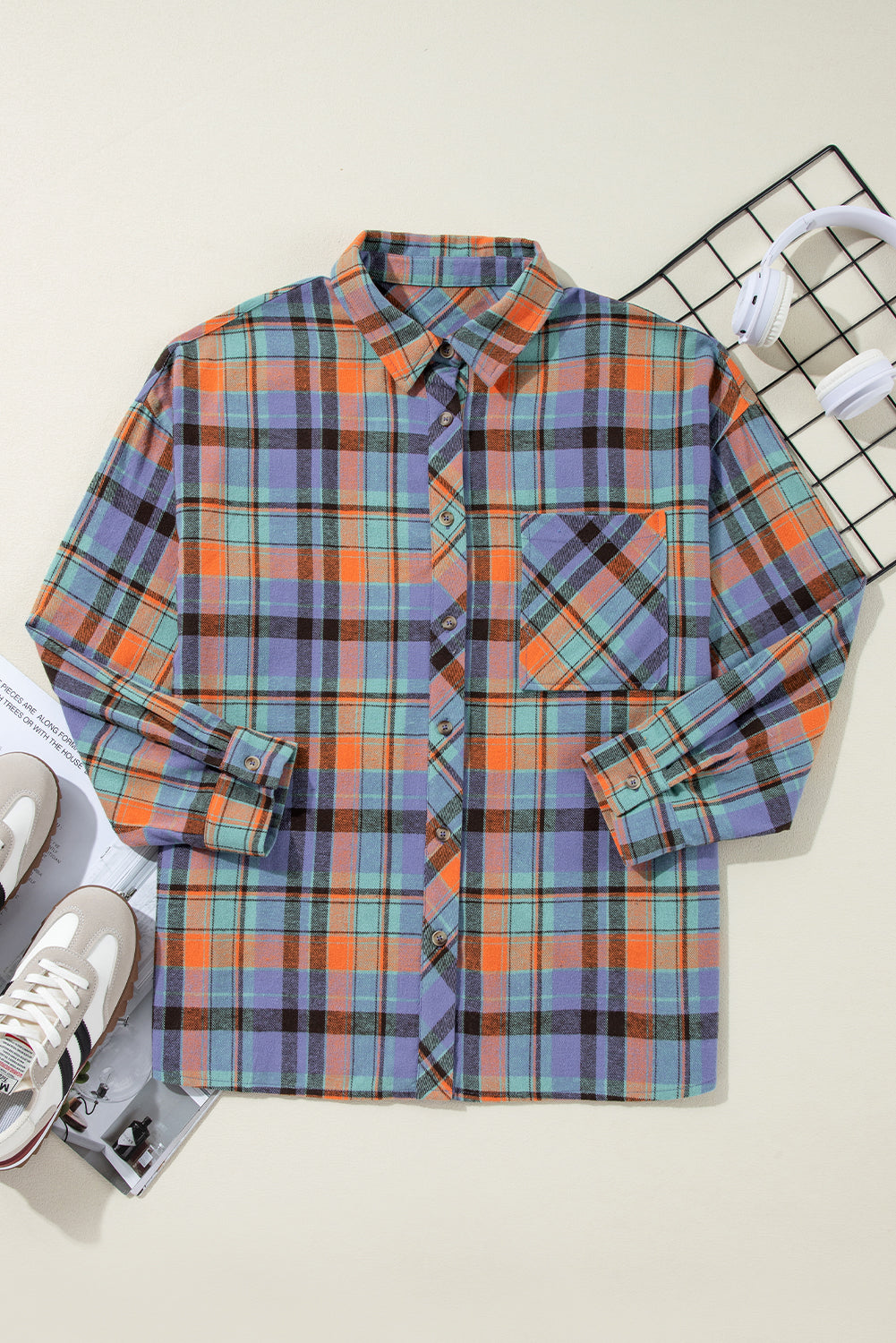 Orange Plaid Print Pocket Loose Shirt Shacket