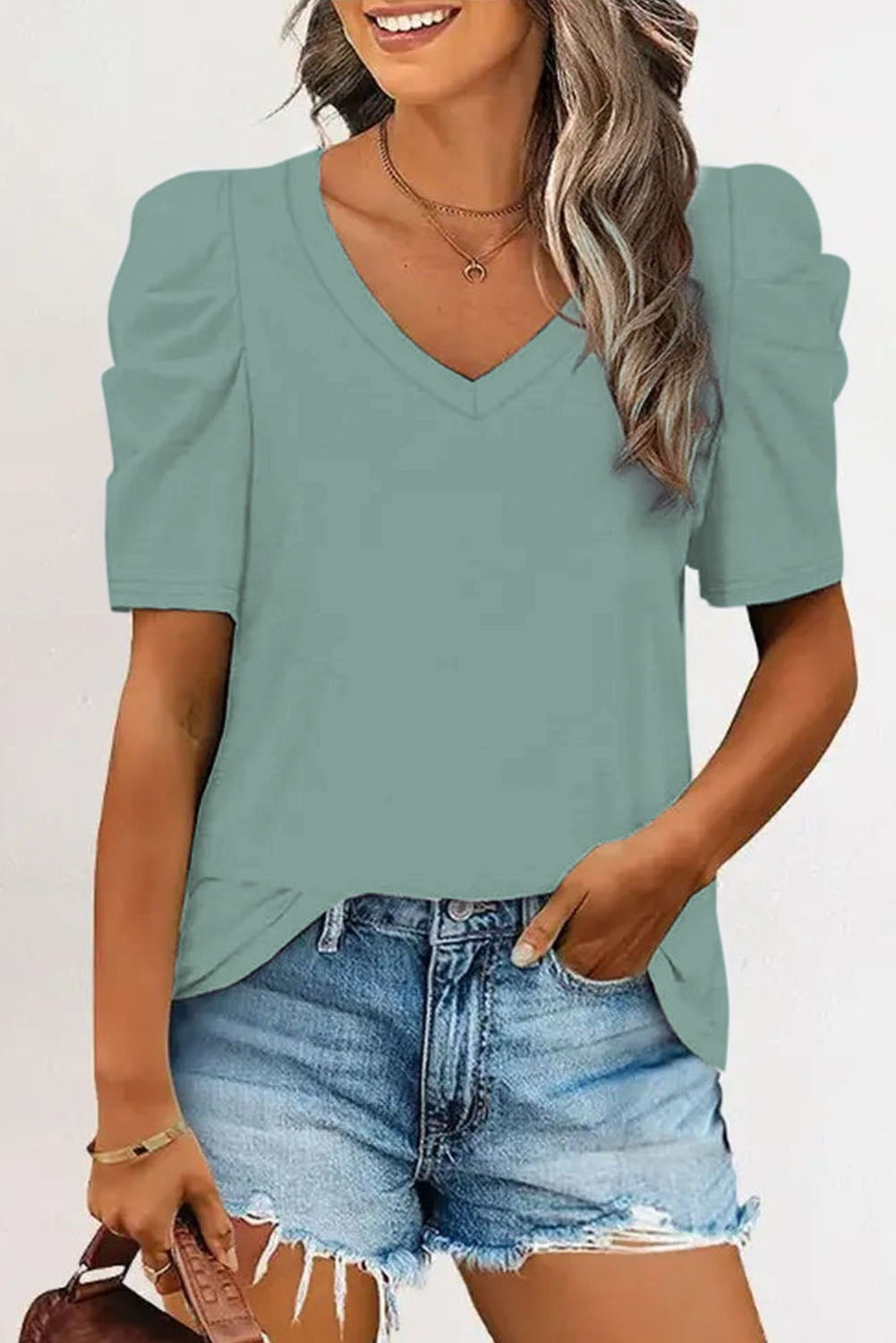 Puff Sleeve Casual V Neck T-Shirt