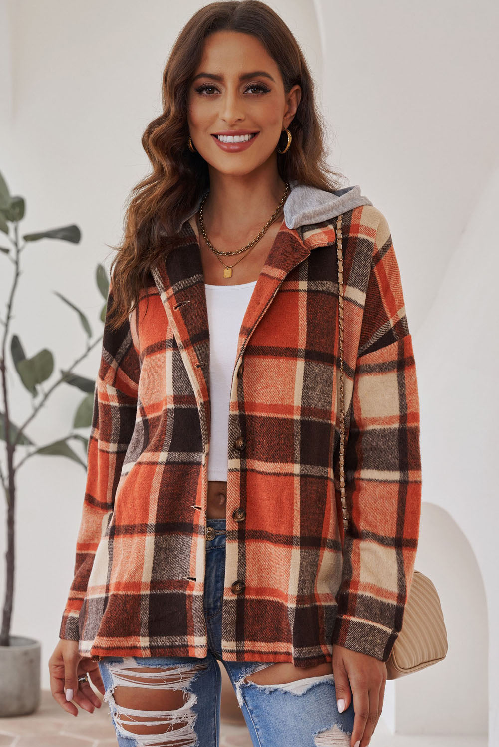 Plaid Button Front Drop Sleeve Hooded Shacket