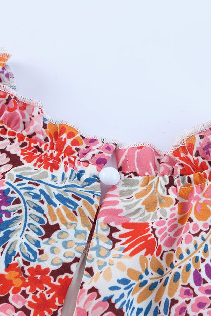 Multicolor Floral Print Smocked Cuffs Long Sleeve Blouse