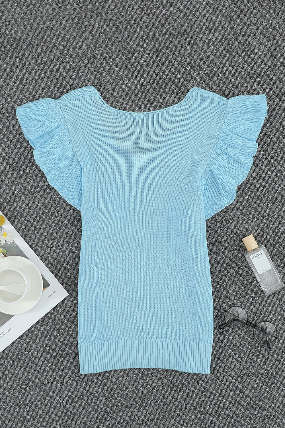 Khaki Ruffle V Neck Casual Sleeveless Knit Top