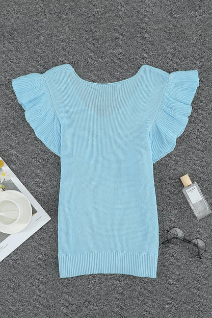 Khaki Ruffle V Neck Casual Sleeveless Knit Top