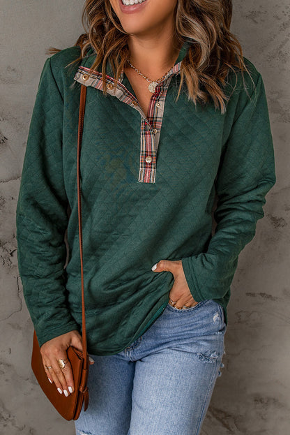 Plaid Geometric Texture Trim Buttons Neck Sweatshirt