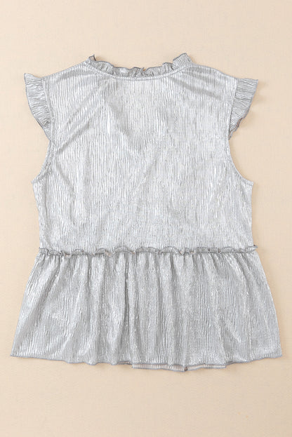 Khaki Frilled V Neck Metallic Crinkle Sleeveless Blouse
