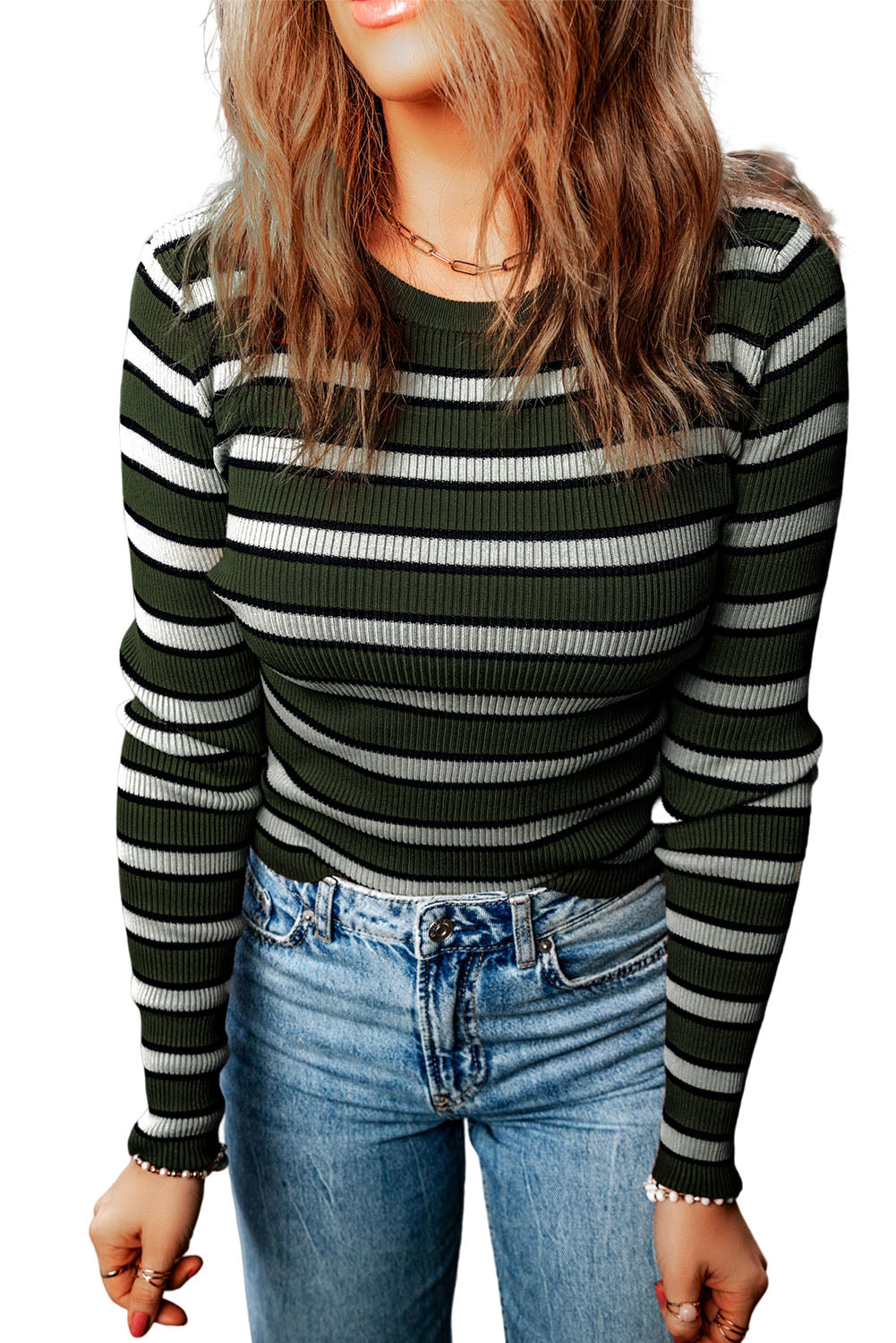 Green Striped Print Ribbed Knit Slim Fit Top