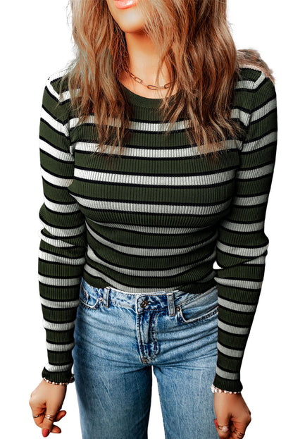 Green Striped Print Ribbed Knit Slim Fit Top