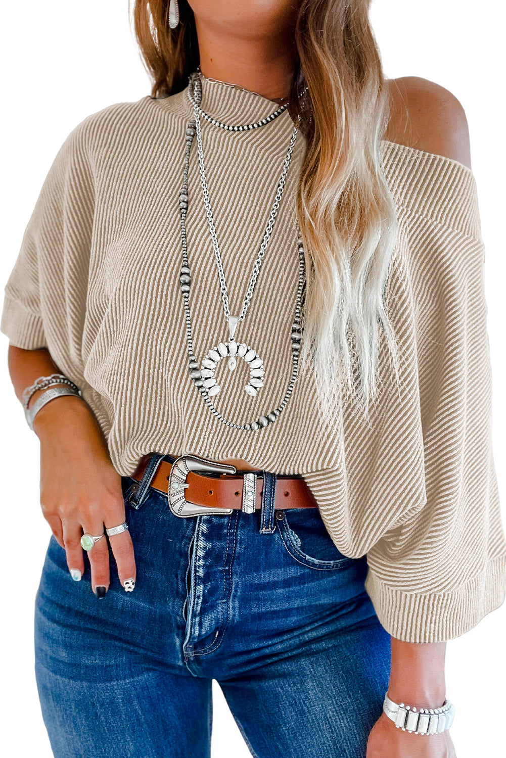 Apricot Boatneck Batwing Sleeve Cording Top