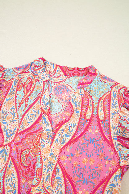 Rose Ethnic Paisley Print Ruffle Sleeve Notch Neck Midi Dress