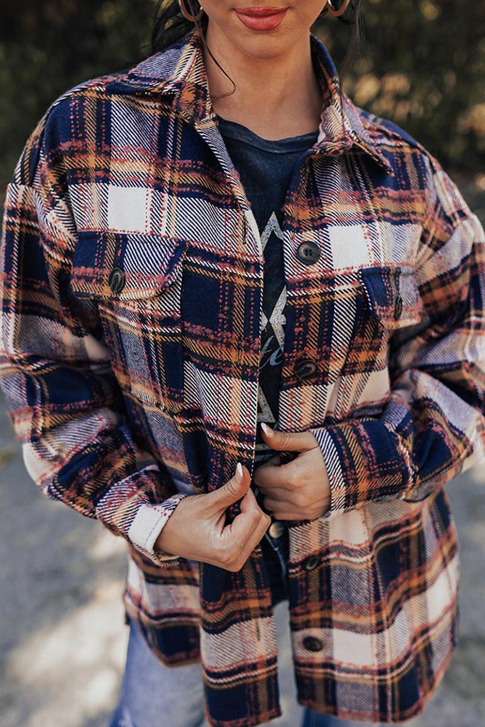 Dark Blue Oversized Flap Pockets Plaid Shacket with Slits