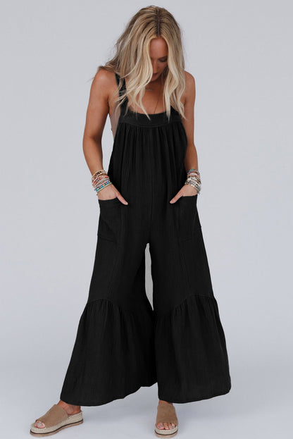 Black Solid Color Pockets Pleated Flare Leg Jumpsuit