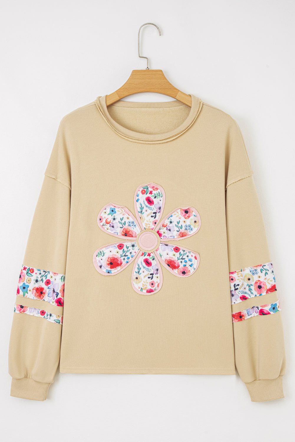 Peach Blossom Flower Applique Patchwork Drop Sleeve Pullover Sweatshirt