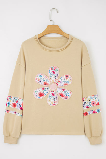 Peach Blossom Flower Applique Patchwork Drop Sleeve Pullover Sweatshirt