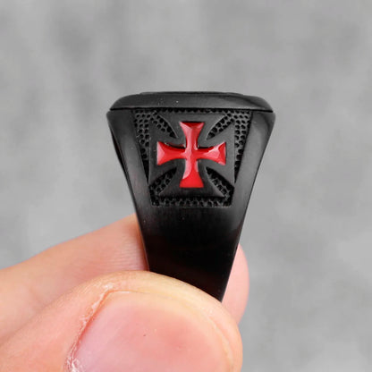 Red Maltese Cross on Black style Biker Ring.