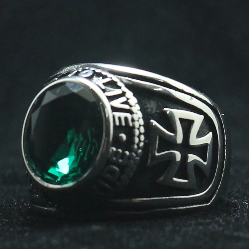 Ride to Live, Live to Ride Emerald Gem Biker Ring.