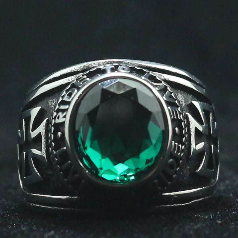 Ride to Live, Live to Ride Emerald Gem Biker Ring.