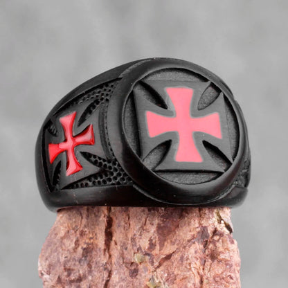 Red Maltese Cross on Black style Biker Ring.