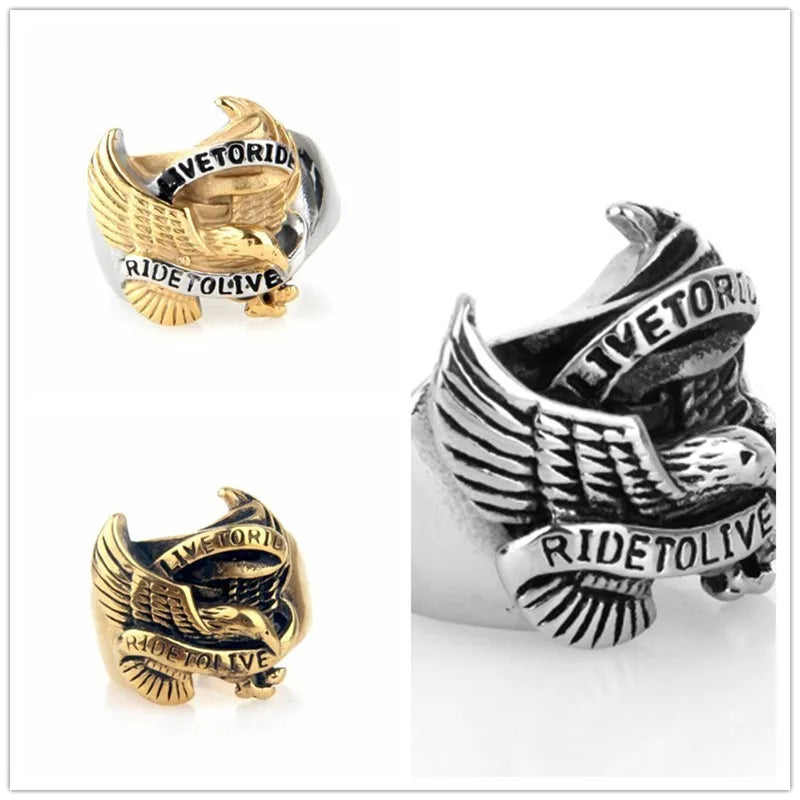 Live To Ride - Ride To Live Biker Style Eagle Ring