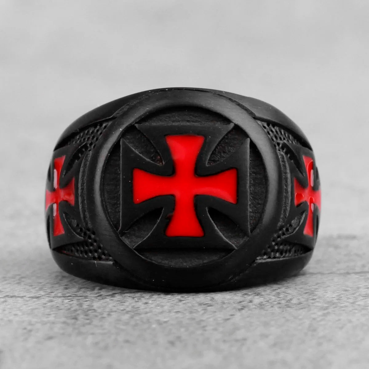 Red Maltese Cross on Black style Biker Ring.