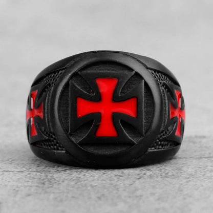 Red Maltese Cross on Black style Biker Ring.