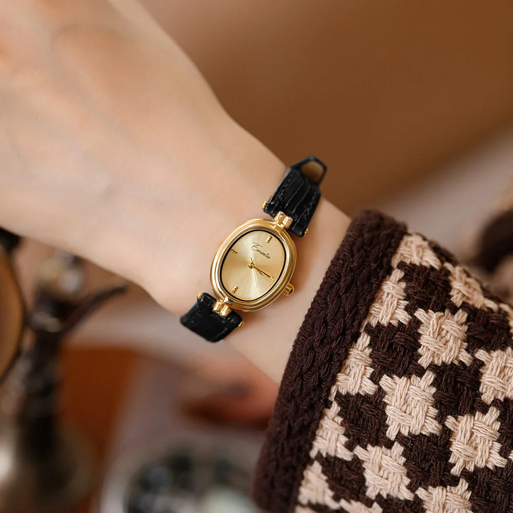 Oval Gold Leather Women's Watch
