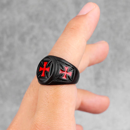Red Maltese Cross on Black style Biker Ring.