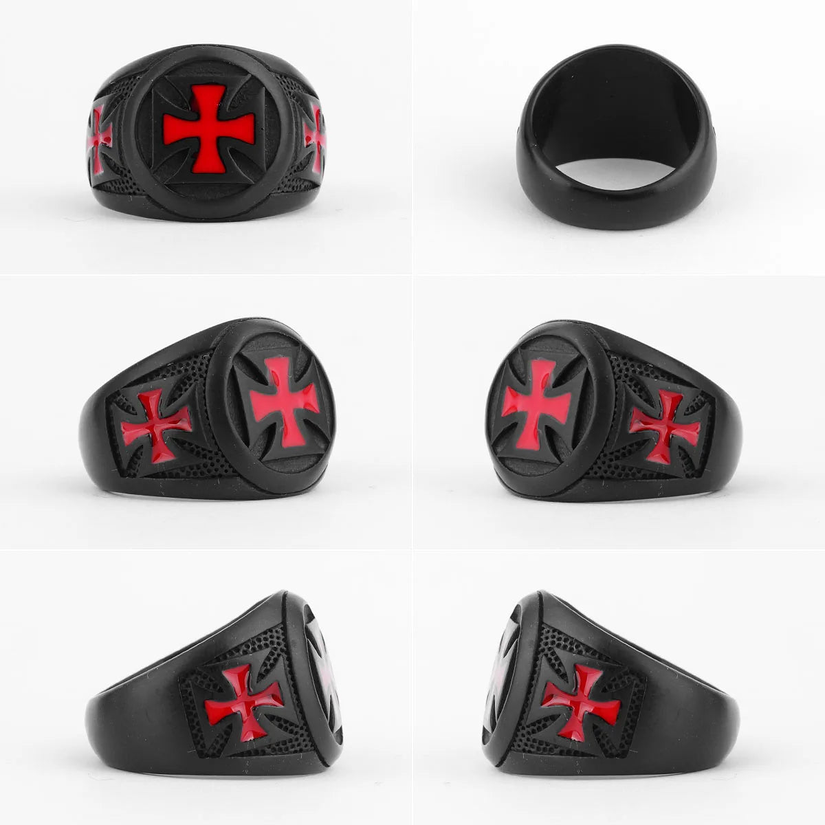 Red Maltese Cross on Black style Biker Ring.