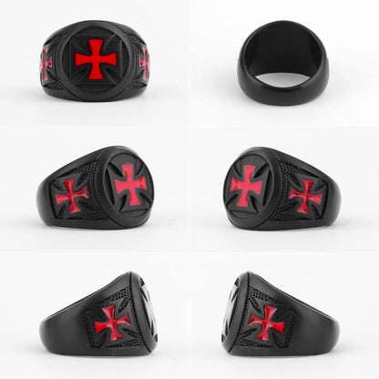Red Maltese Cross on Black style Biker Ring.