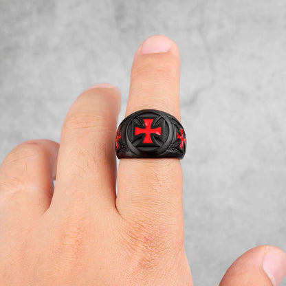 Red Maltese Cross on Black style Biker Ring.