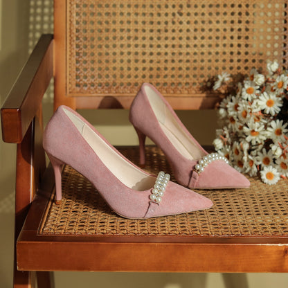 Pointed Toe Black Pumps for Women String Bead High Heels Office Shoe Ladies Comfortable Shallow Shoes Sexy Thin Heels Mujer