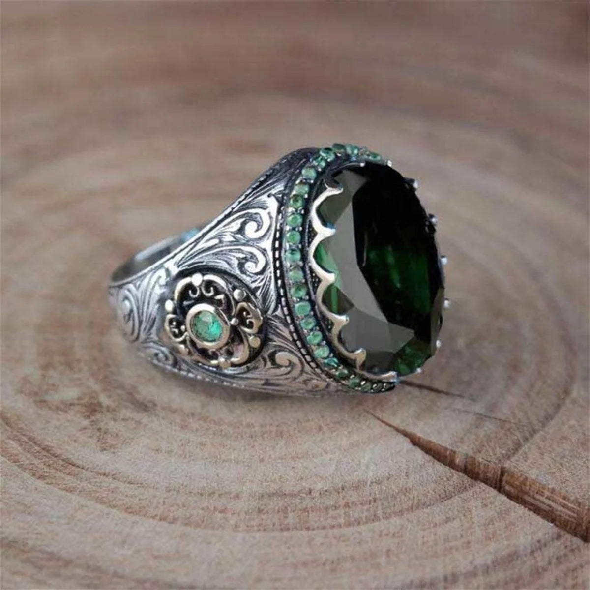 Green or Blue Emerald Crowned Biker Ring.