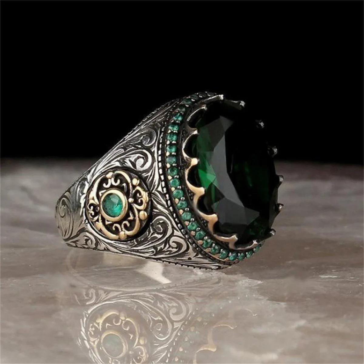 Green or Blue Emerald Crowned Biker Ring.